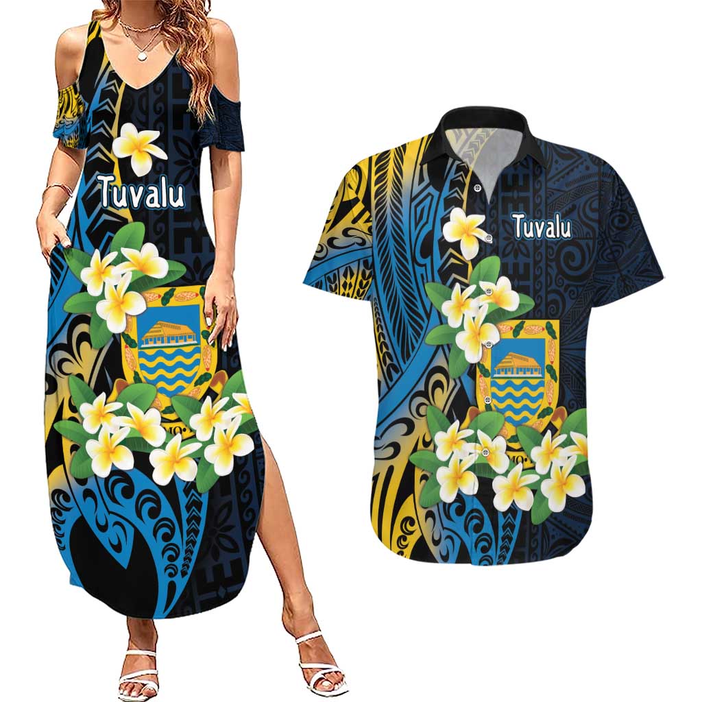 Personalised Tuvalu Beautiful Plumeria Flower Couples Matching Summer Maxi Dress and Hawaiian Shirt LT9 Black - Polynesian Pride
