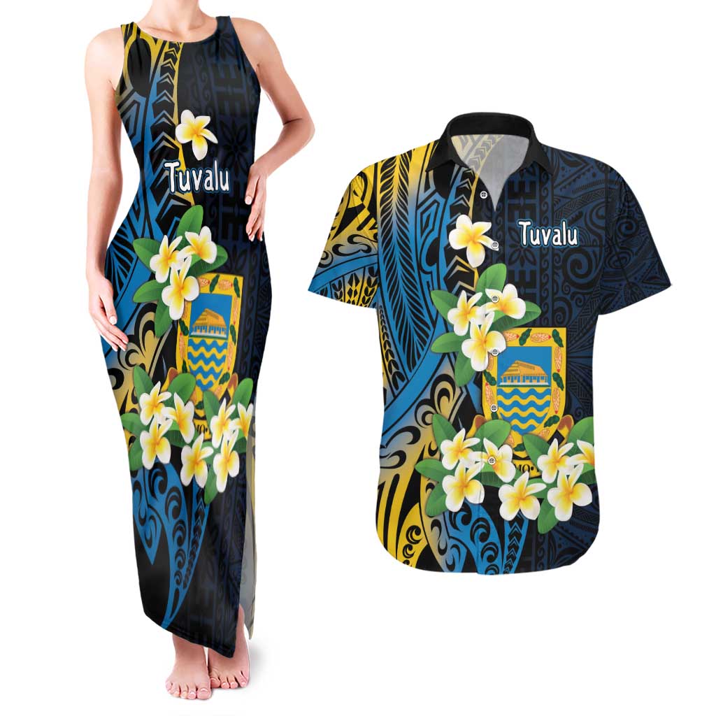 Personalised Tuvalu Beautiful Plumeria Flower Couples Matching Tank Maxi Dress and Hawaiian Shirt LT9 Black - Polynesian Pride