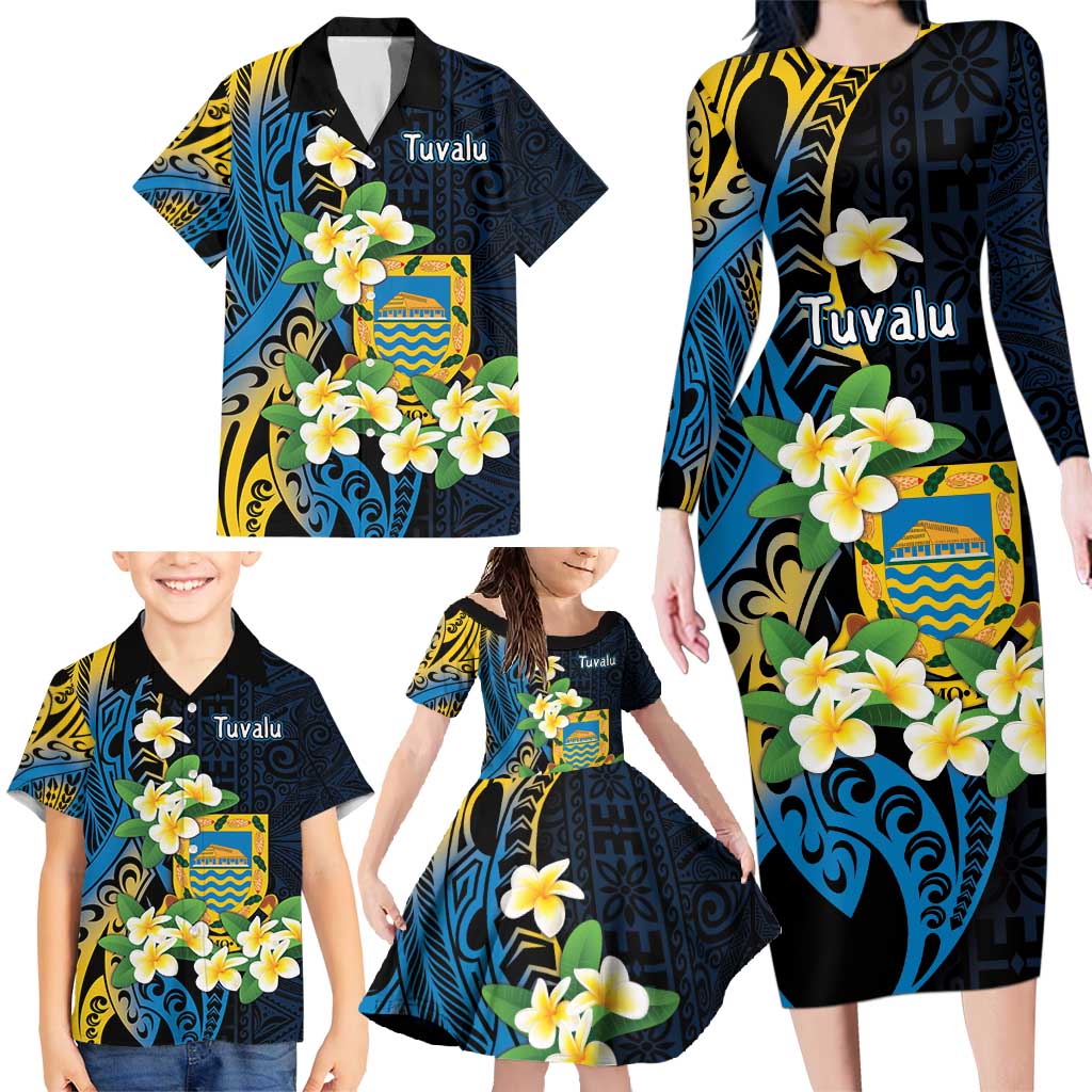 Personalised Tuvalu Beautiful Plumeria Flower Family Matching Long Sleeve Bodycon Dress and Hawaiian Shirt LT9 - Polynesian Pride
