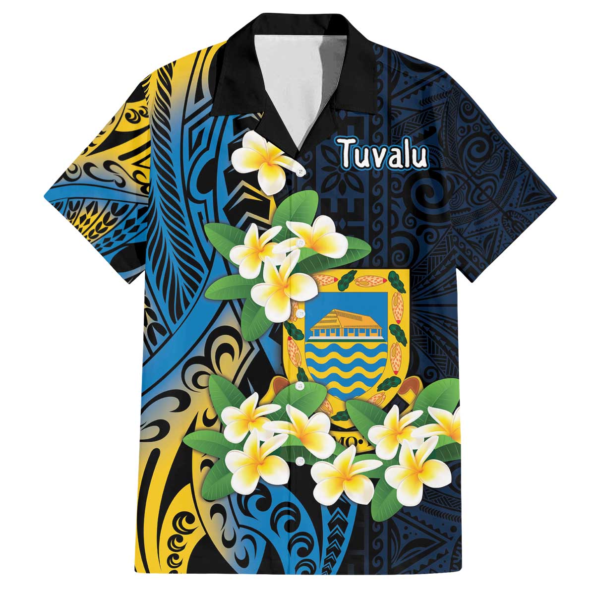 Personalised Tuvalu Beautiful Plumeria Flower Family Matching Off The Shoulder Long Sleeve Dress and Hawaiian Shirt LT9 Dad's Shirt - Short Sleeve Black - Polynesian Pride