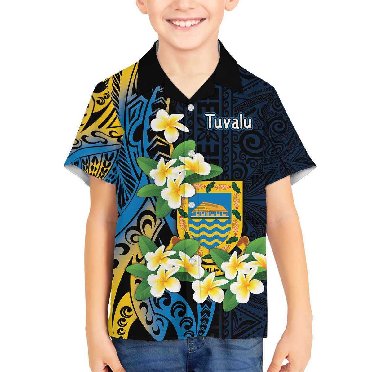 Personalised Tuvalu Beautiful Plumeria Flower Family Matching Off The Shoulder Long Sleeve Dress and Hawaiian Shirt LT9 Son's Shirt Black - Polynesian Pride