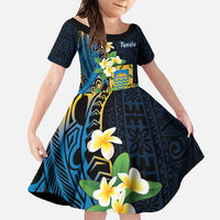Personalised Tuvalu Beautiful Plumeria Flower Family Matching Off Shoulder Maxi Dress and Hawaiian Shirt LT9 Daughter's Dress Black - Polynesian Pride