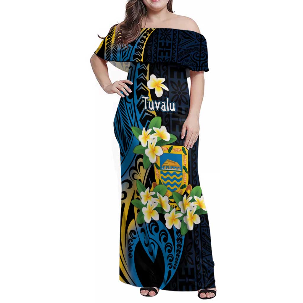 Personalised Tuvalu Beautiful Plumeria Flower Family Matching Off Shoulder Maxi Dress and Hawaiian Shirt LT9 Mom's Dress Black - Polynesian Pride