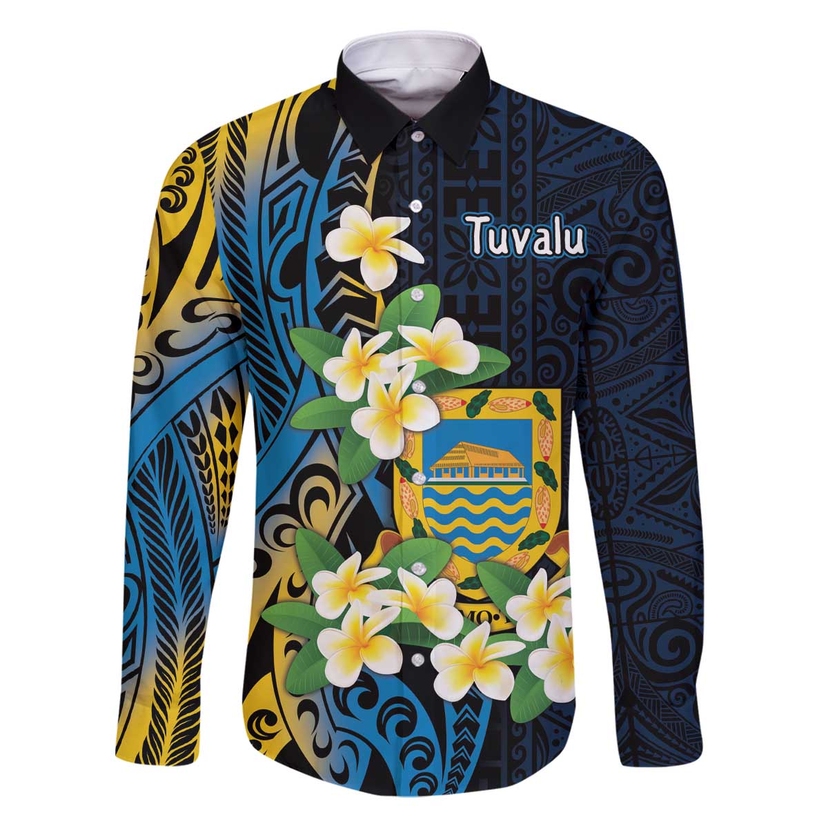 Personalised Tuvalu Beautiful Plumeria Flower Family Matching Puletasi and Hawaiian Shirt LT9 Dad's Shirt - Long Sleeve Black - Polynesian Pride