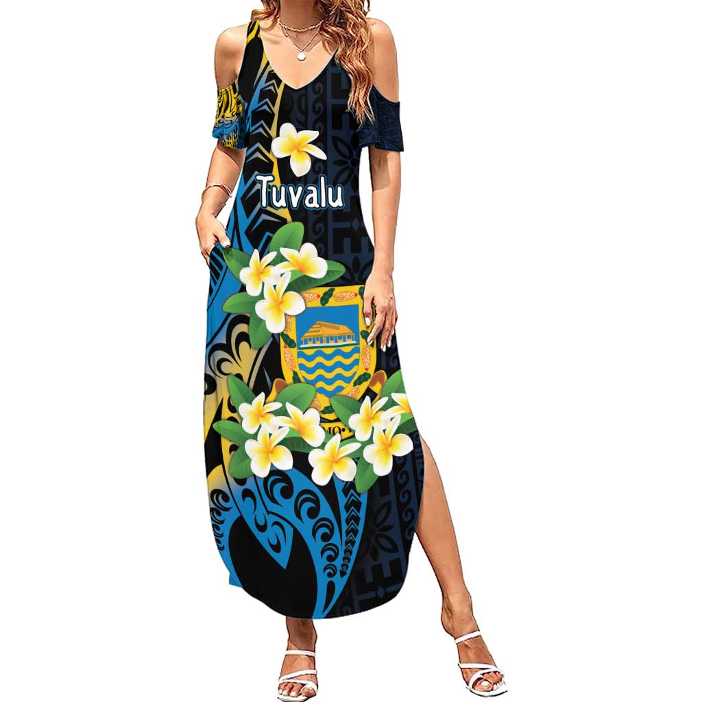 Personalised Tuvalu Beautiful Plumeria Flower Family Matching Summer Maxi Dress and Hawaiian Shirt LT9 Mom's Dress Black - Polynesian Pride