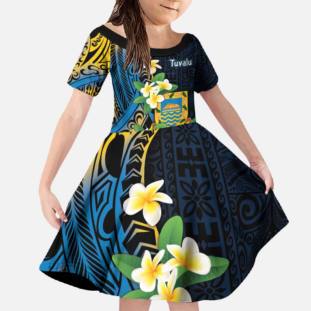 Personalised Tuvalu Beautiful Plumeria Flower Family Matching Tank Maxi Dress and Hawaiian Shirt LT9 Daughter's Dress Black - Polynesian Pride