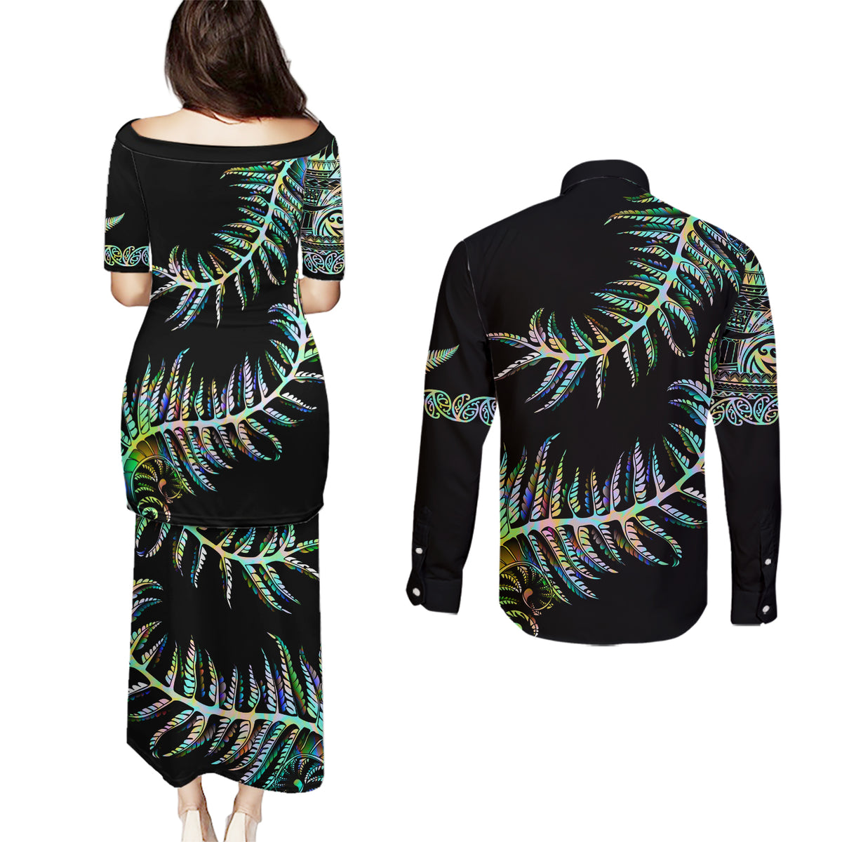New Zealand Couples Matching Puletasi Dress and Long Sleeve Button Shirt Aotearoa Silver Fern Mixed Papua Shell Green Vibe LT9 - Polynesian Pride