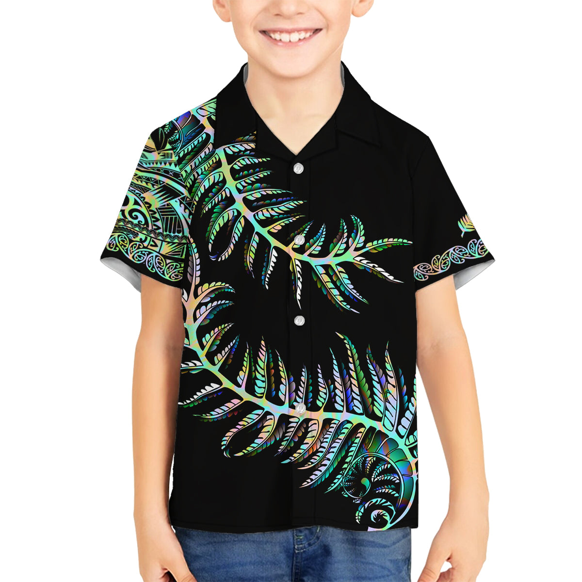 New Zealand Family Matching Off Shoulder Long Sleeve Dress and Hawaiian Shirt Aotearoa Silver Fern Mixed Papua Shell Green Vibe LT9 Son's Shirt Green - Polynesian Pride