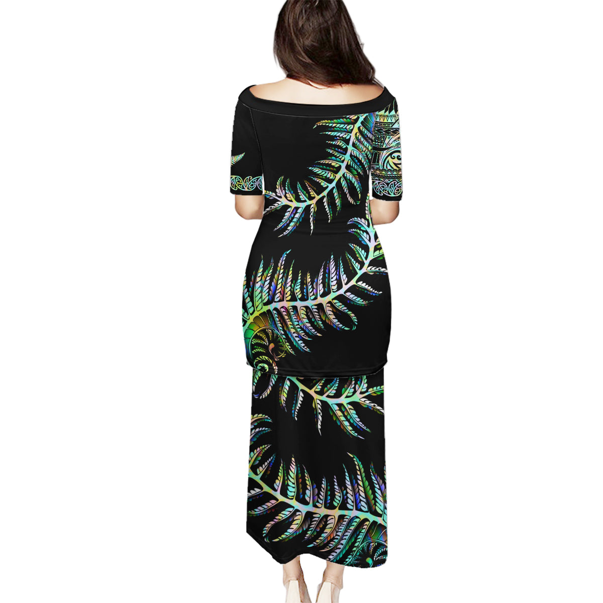 New Zealand Family Matching Puletasi Dress and Hawaiian Shirt Aotearoa Silver Fern Mixed Papua Shell Green Vibe LT9 - Polynesian Pride