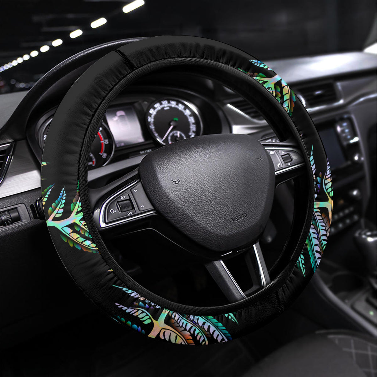 New Zealand Steering Wheel Cover Aotearoa Silver Fern Mixed Papua Shell Green Vibe LT9 Universal Fit Green - Polynesian Pride