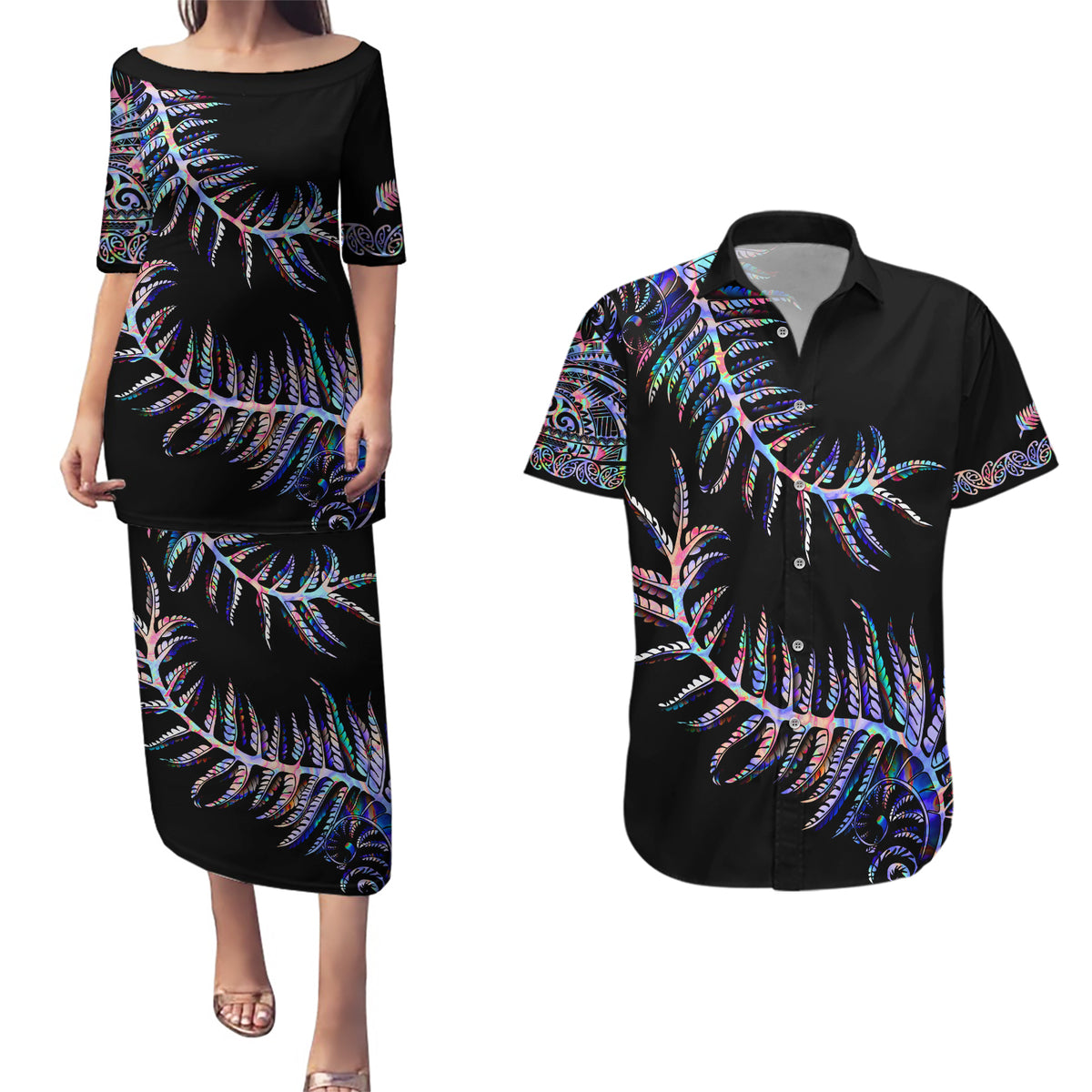 New Zealand Couples Matching Puletasi Dress and Hawaiian Shirt Aotearoa Silver Fern Mixed Papua Shell Purple Vibe LT9 Purple - Polynesian Pride