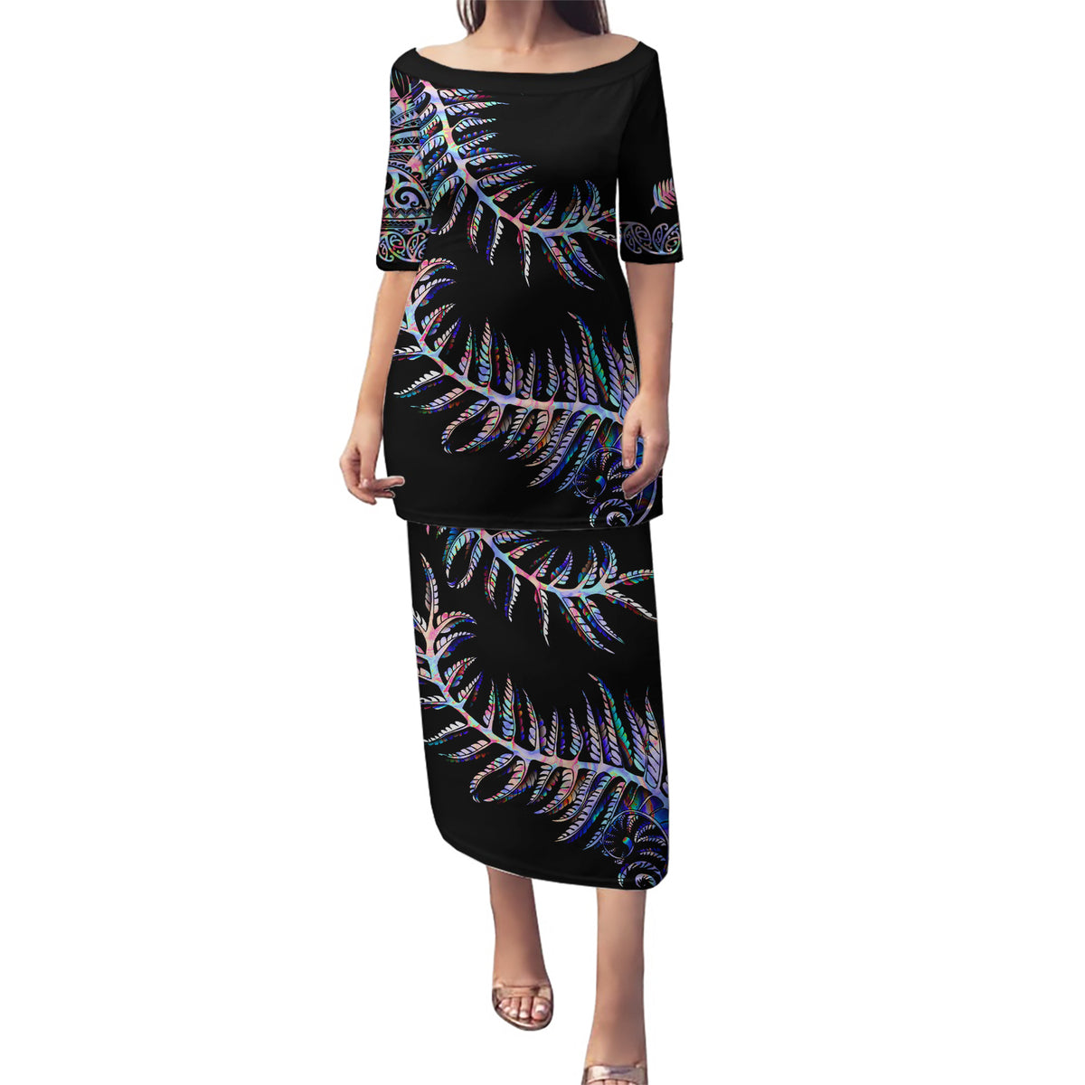 New Zealand Puletasi Aotearoa Silver Fern Mixed Papua Shell Purple Vibe LT9 Long Dress Purple - Polynesian Pride