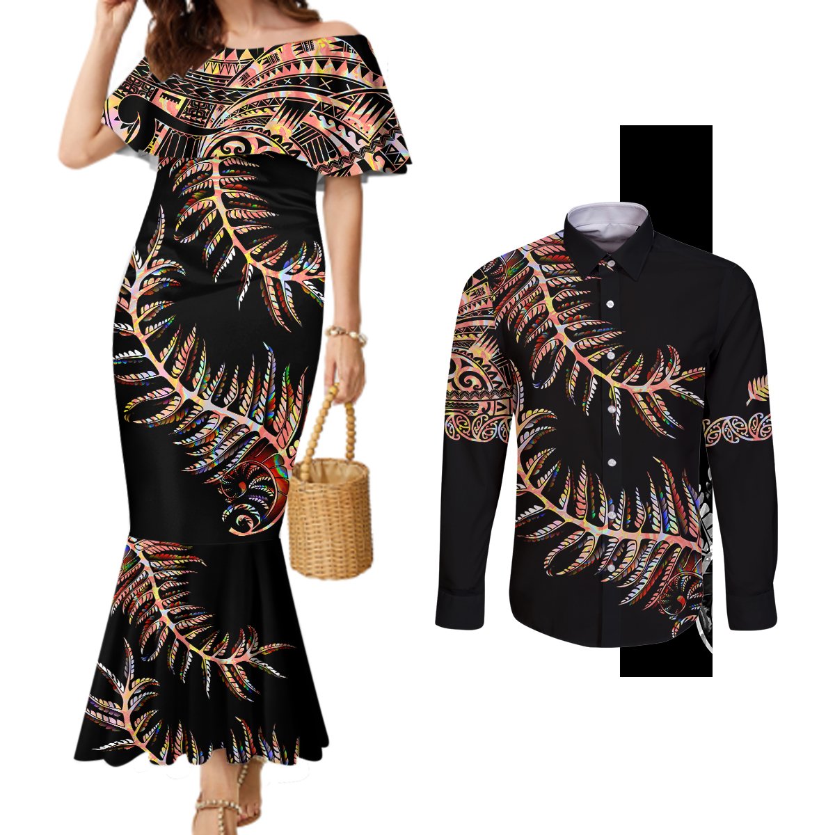New Zealand Couples Matching Mermaid Dress and Long Sleeve Button Shirt Aotearoa Silver Fern Mixed Papua Shell Red Vibe LT9 Red - Polynesian Pride