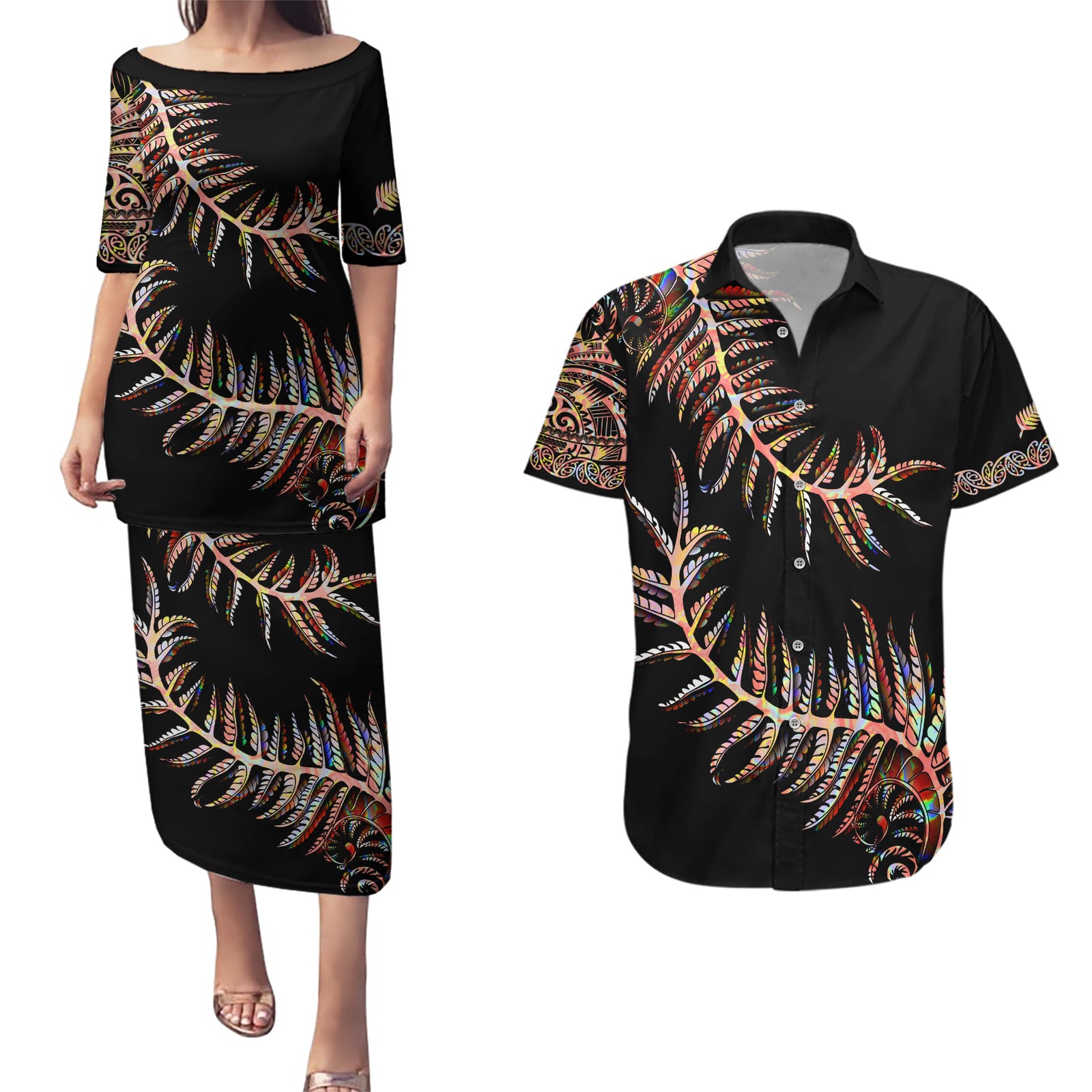 New Zealand Couples Matching Puletasi Dress and Hawaiian Shirt Aotearoa Silver Fern Mixed Papua Shell Red Vibe LT9 Red - Polynesian Pride