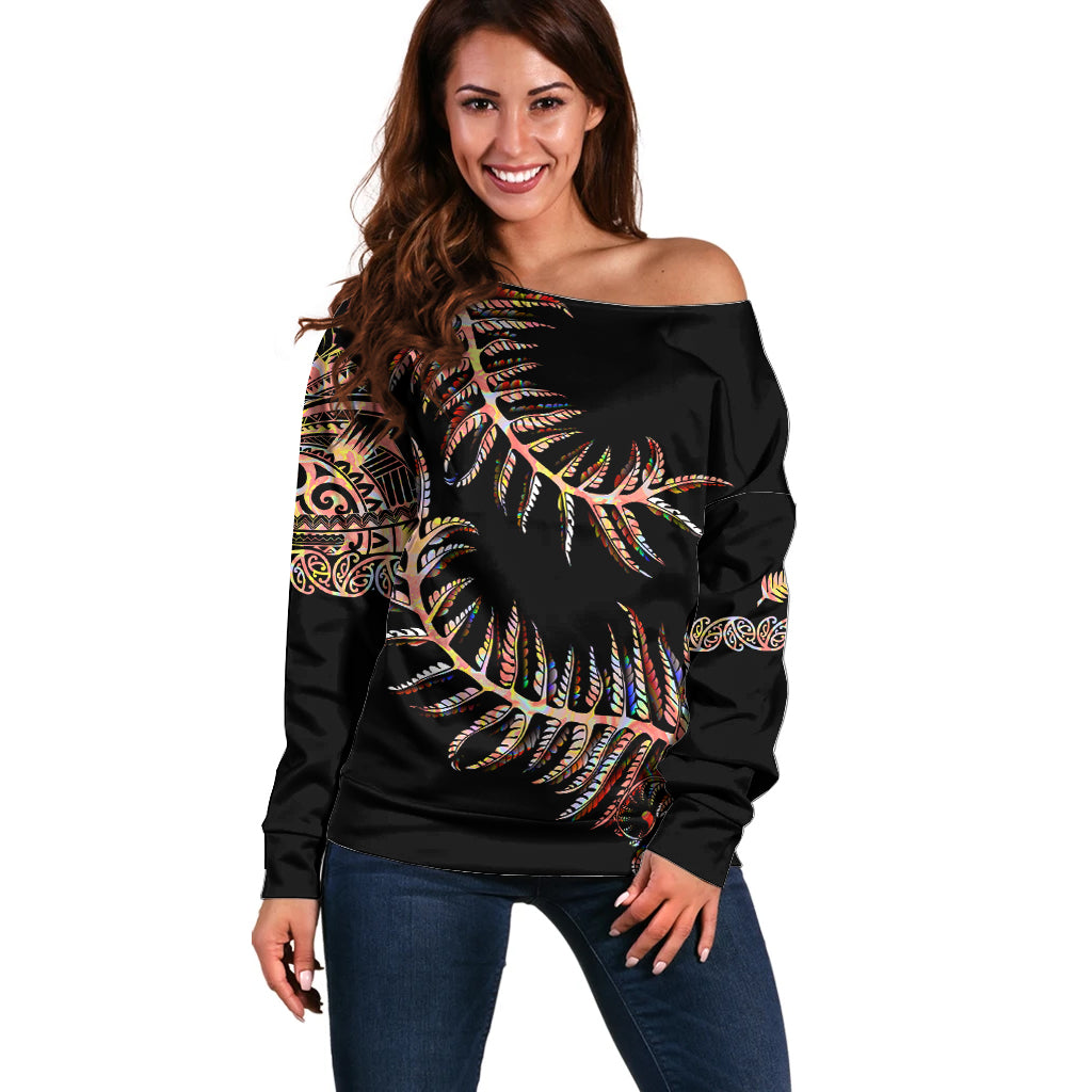 New Zealand Off Shoulder Sweater Aotearoa Silver Fern Mixed Papua Shell Red Vibe LT9 Women Red - Polynesian Pride