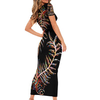 New Zealand Short Sleeve Bodycon Dress Aotearoa Silver Fern Mixed Papua Shell Red Vibe LT9 - Polynesian Pride