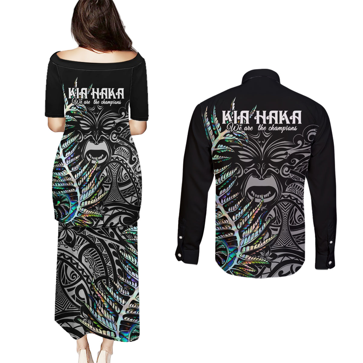New Zealand Rugby Couples Matching Puletasi Dress and Long Sleeve Button Shirt NZ Black Fern Champions History With Papua Shell LT9 - Polynesian Pride