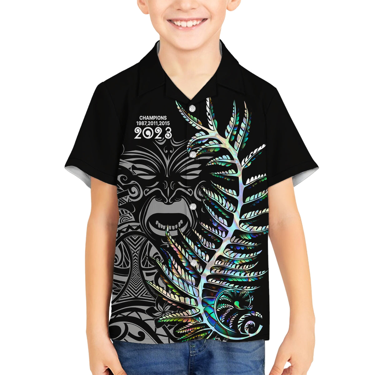 New Zealand Rugby Family Matching Off Shoulder Long Sleeve Dress and Hawaiian Shirt NZ Black Fern Champions History With Papua Shell LT9 Son's Shirt Black - Polynesian Pride