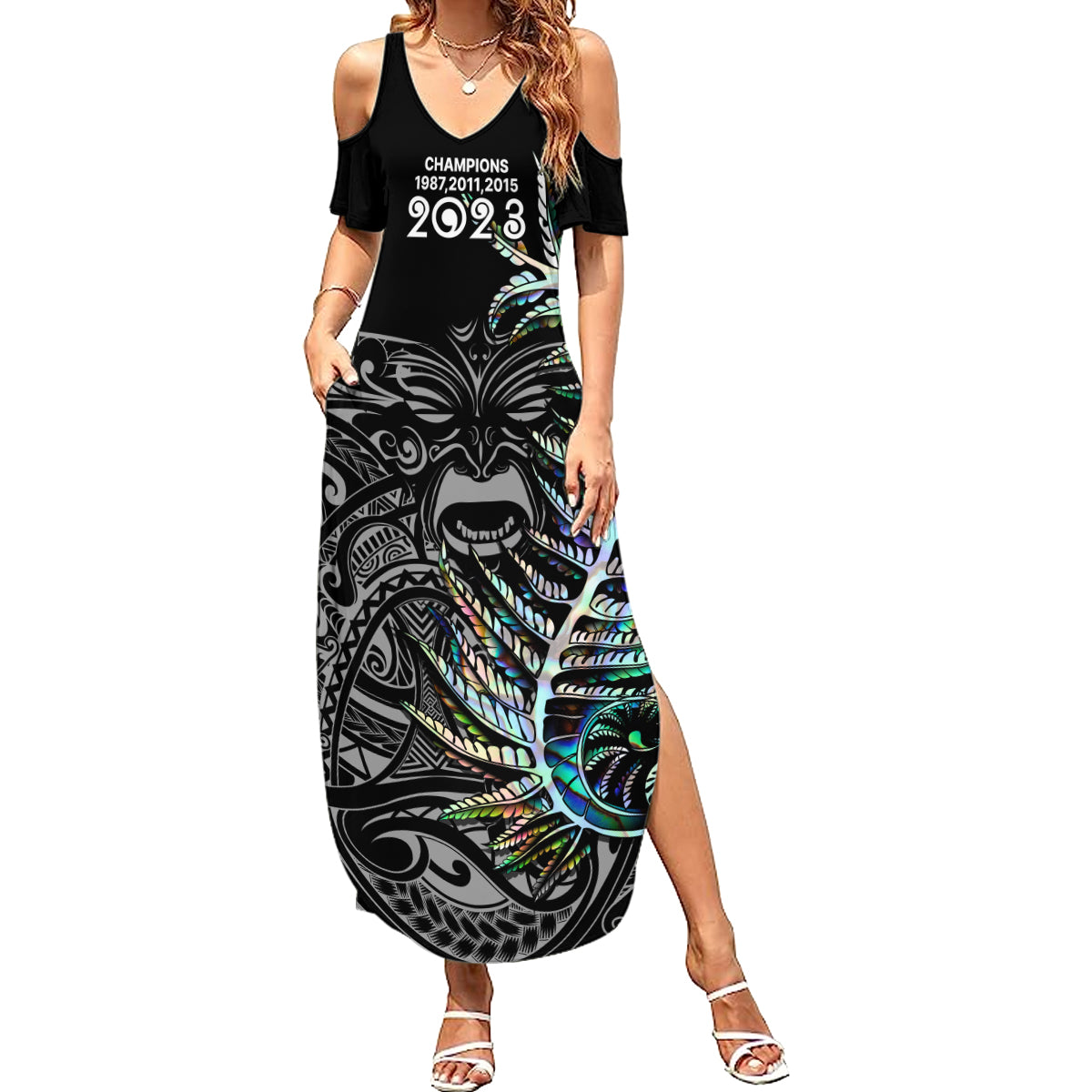 New Zealand Rugby Family Matching Summer Maxi Dress and Hawaiian Shirt NZ Black Fern Champions History With Papua Shell LT9 Mom's Dress Black - Polynesian Pride