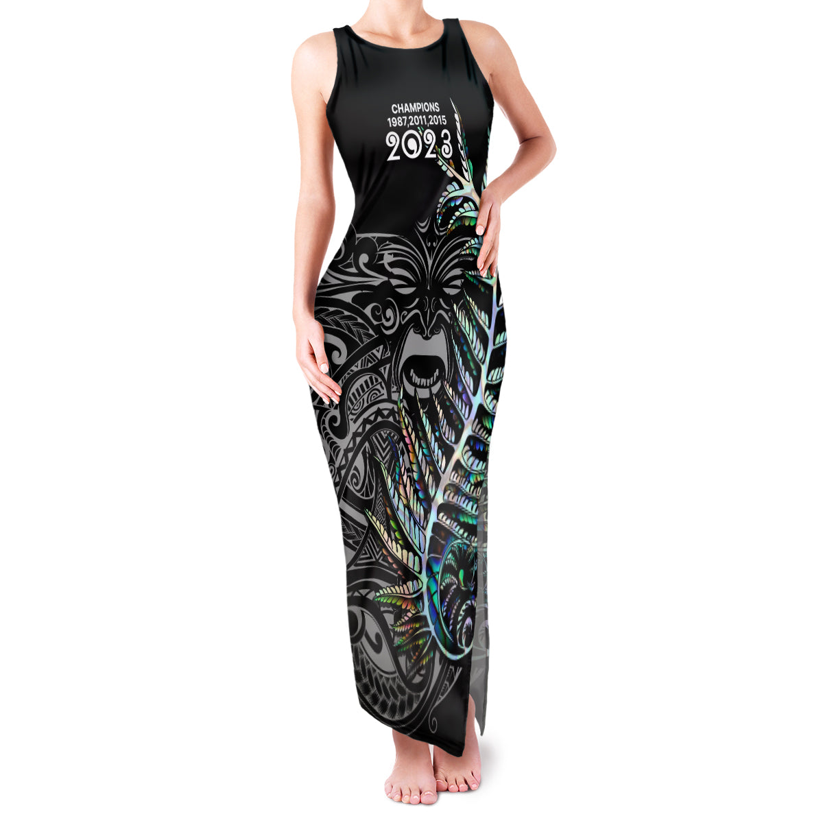 Custom New Zealand Rugby Family Matching Tank Maxi Dress and Hawaiian Shirt NZ Black Fern Champions History With Papua Shell LT9 Mom's Dress Black - Polynesian Pride