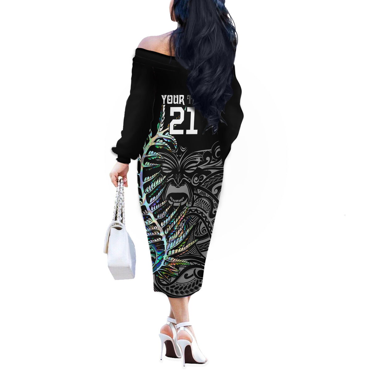 Custom New Zealand Rugby Off The Shoulder Long Sleeve Dress NZ Black Fern Champions History With Papua Shell LT9 - Polynesian Pride
