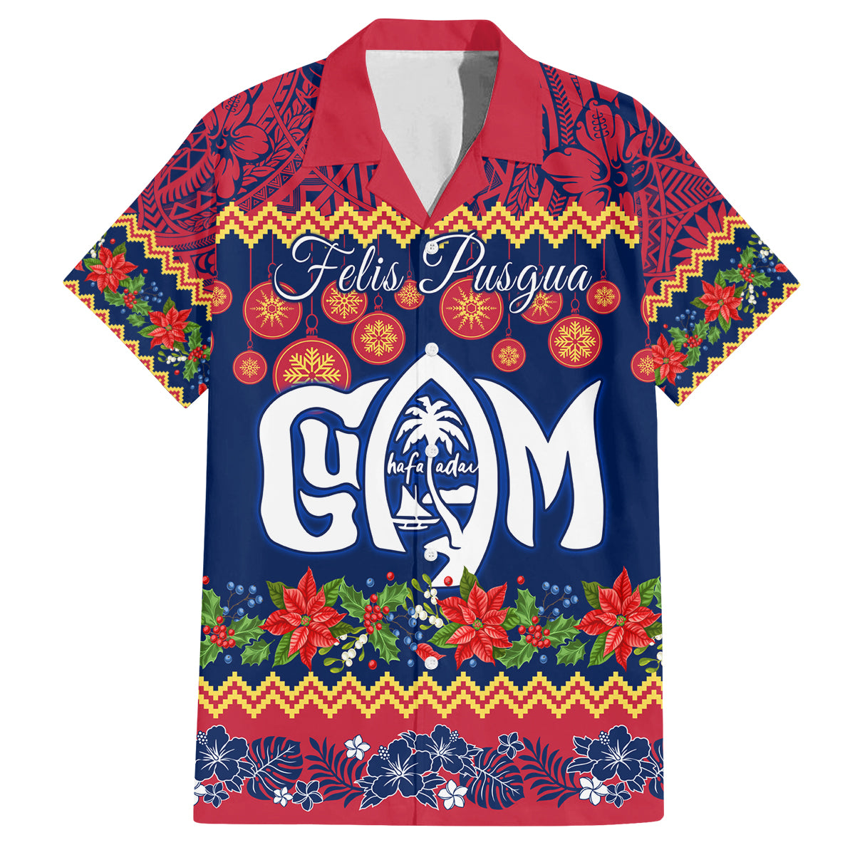Personalised Guam Christmas Family Matching Long Sleeve Bodycon Dress and Hawaiian Shirt Felis Pusgua Santa Beach Polynesian Pattern LT9 Dad's Shirt - Short Sleeve Blue - Polynesian Pride