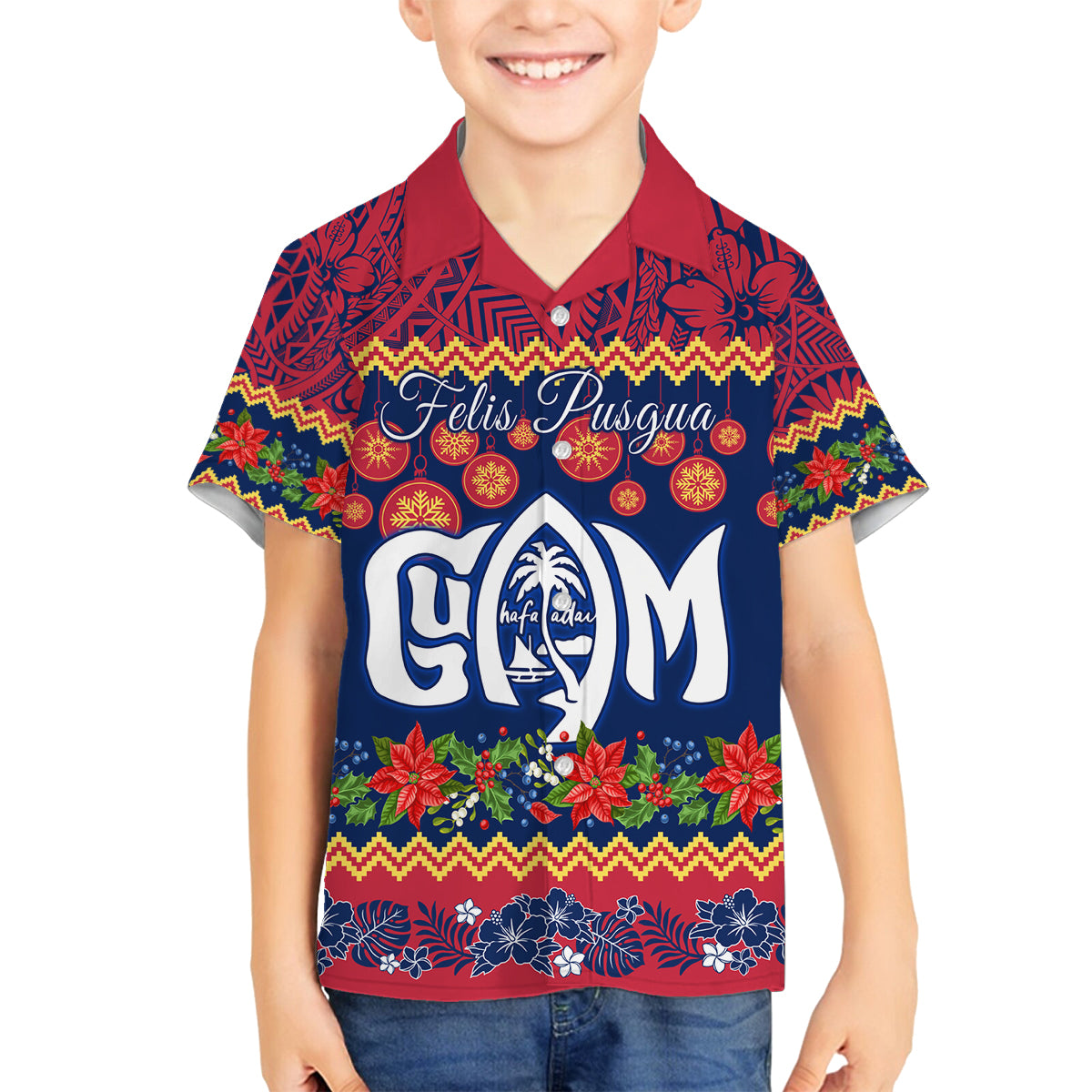 Personalised Guam Christmas Family Matching Long Sleeve Bodycon Dress and Hawaiian Shirt Felis Pusgua Santa Beach Polynesian Pattern LT9 Son's Shirt Blue - Polynesian Pride