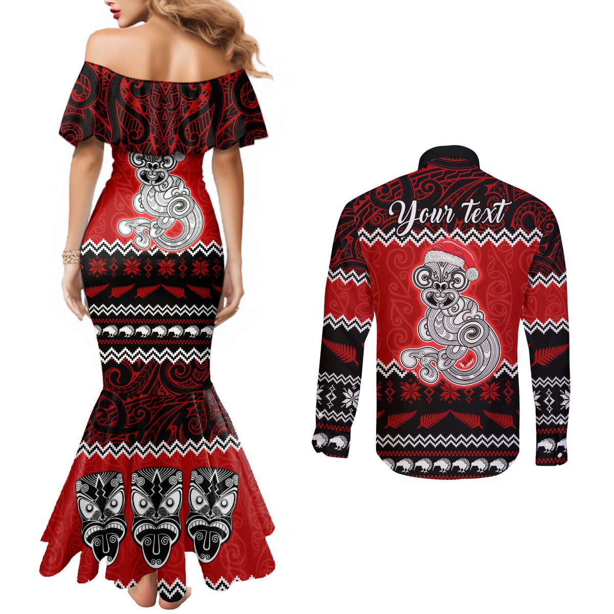 Personalised New Zealand Christmas Couples Matching Mermaid Dress and Long Sleeve Button Shirt Maori Tiki Meri Kirihimete LT9 - Polynesian Pride