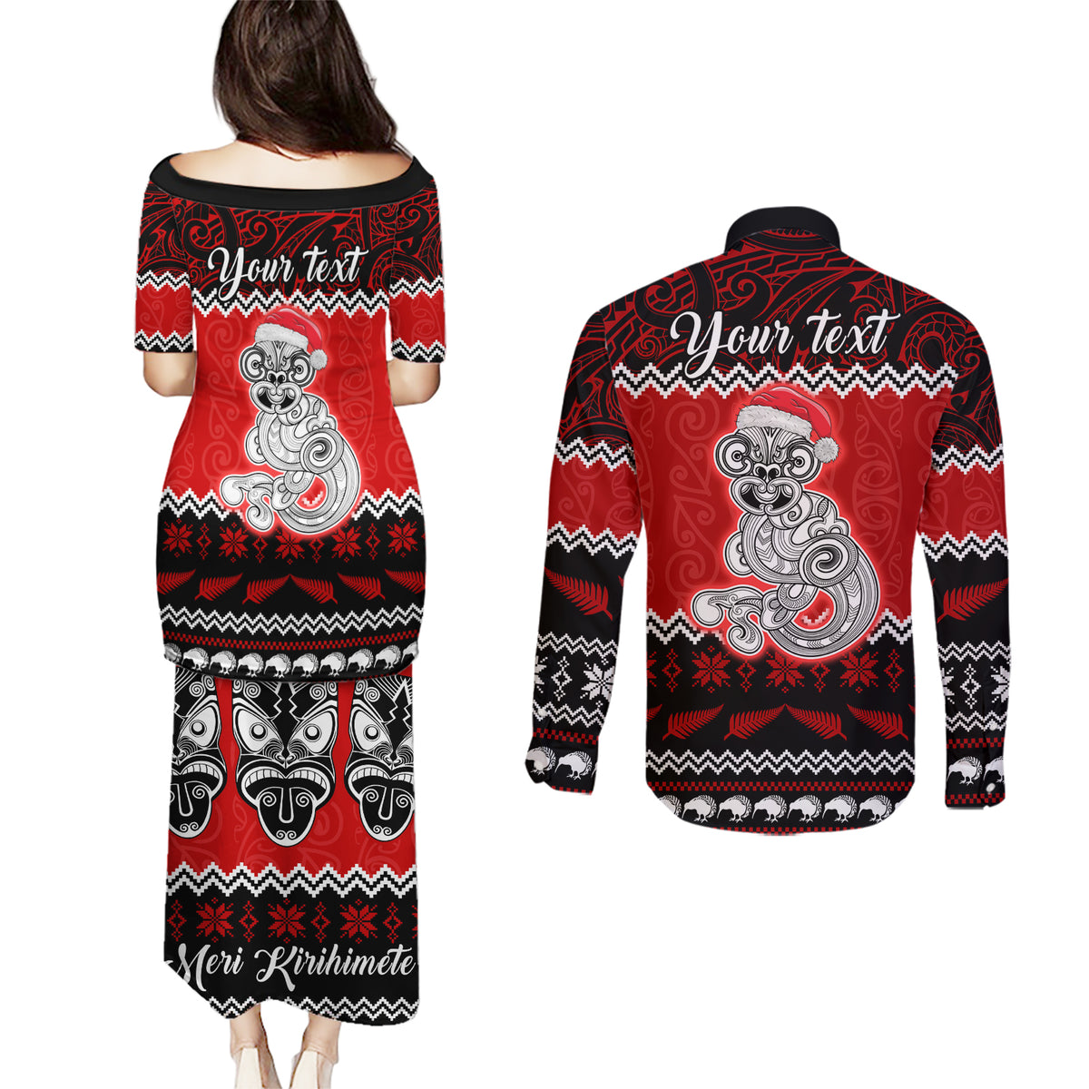 Personalised New Zealand Christmas Couples Matching Puletasi Dress and Long Sleeve Button Shirt Maori Tiki Meri Kirihimete LT9 - Polynesian Pride