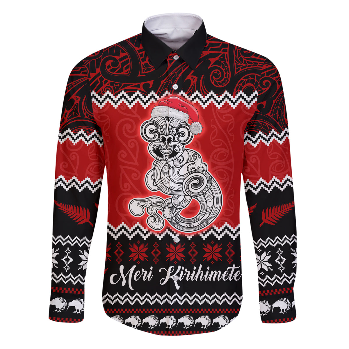 Personalised New Zealand Christmas Family Matching Puletasi Dress and Hawaiian Shirt Maori Tiki Meri Kirihimete LT9 Dad's Shirt - Long Sleeve Red - Polynesian Pride