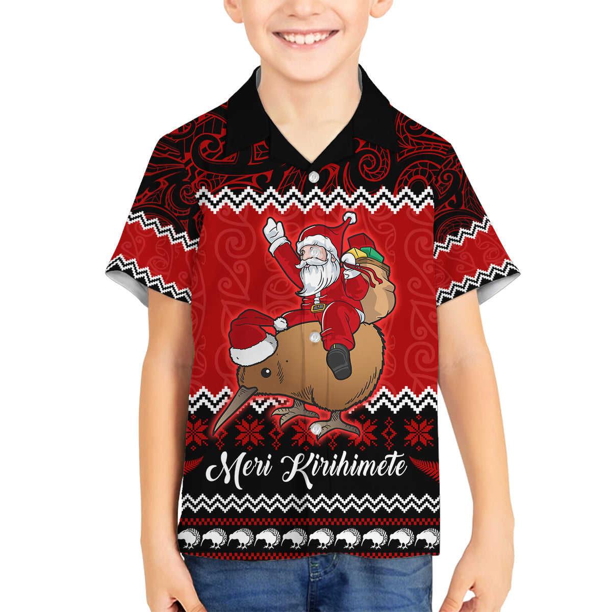 Personalised New Zealand Christmas Family Matching Long Sleeve Bodycon Dress and Hawaiian Shirt Kiwi Santa Claus Maori Meri Kirihimete LT9 Son's Shirt Red - Polynesian Pride