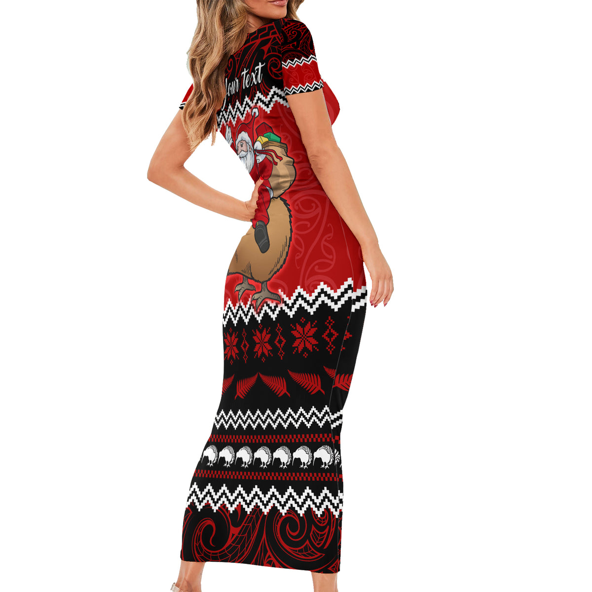 Personalised New Zealand Christmas Short Sleeve Bodycon Dress Kiwi Santa Claus Maori Meri Kirihimete LT9 - Polynesian Pride