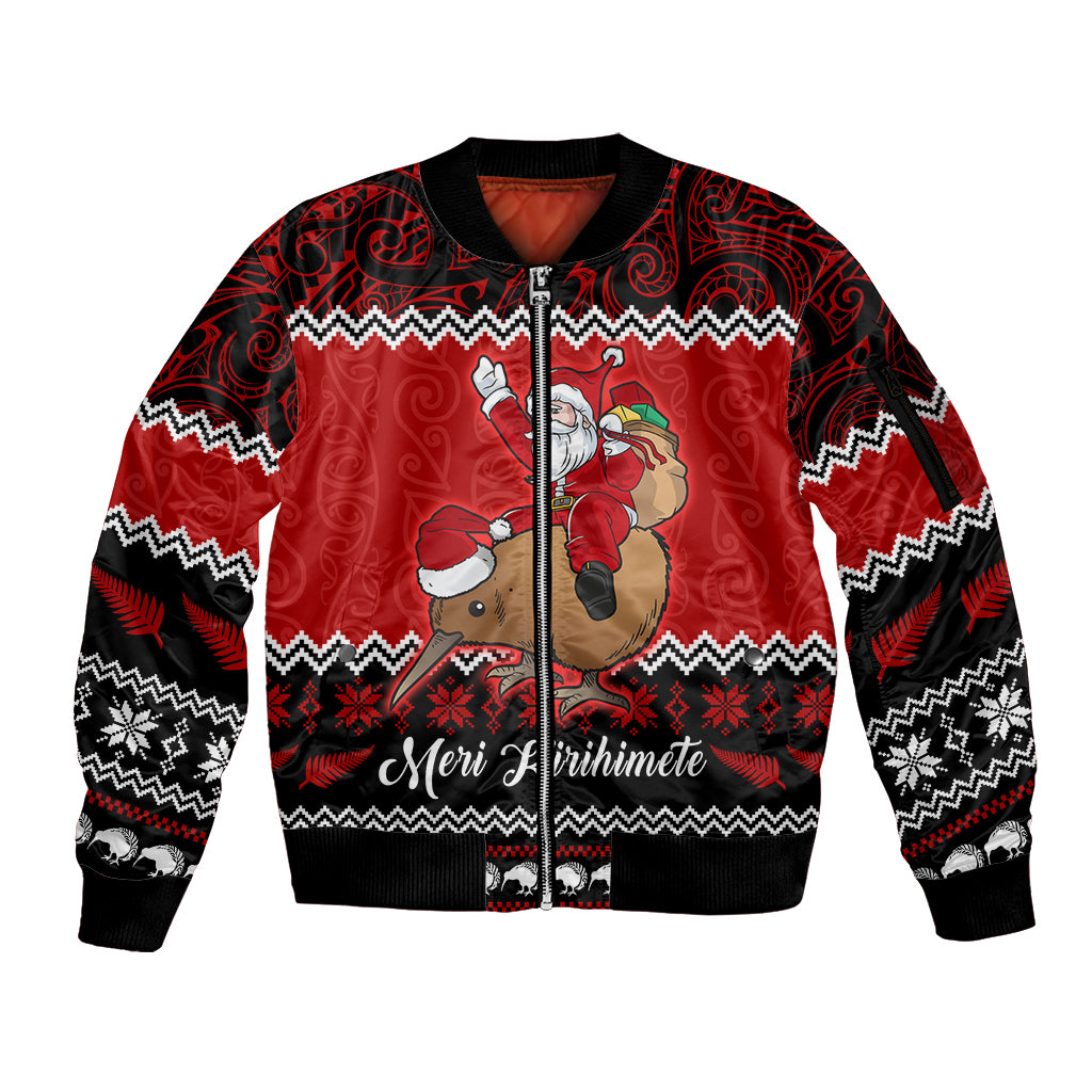 Personalised New Zealand Christmas Sleeve Zip Bomber Jacket Kiwi Santa Claus Maori Meri Kirihimete LT9 Unisex Red - Polynesian Pride