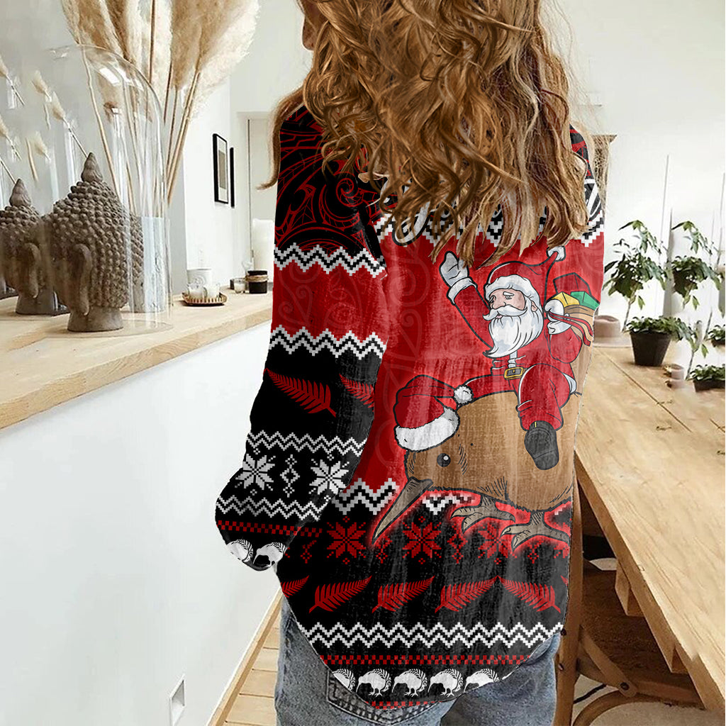 Personalised New Zealand Christmas Women Casual Shirt Kiwi Santa Claus Maori Meri Kirihimete LT9 - Polynesian Pride