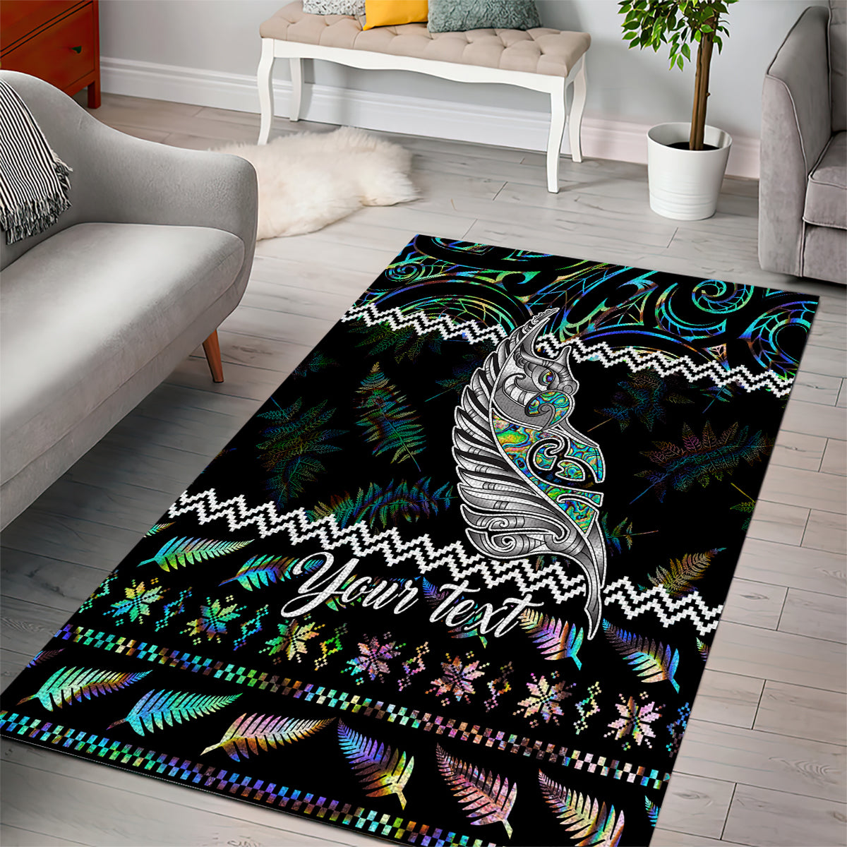 Personalised New Zealand Christmas Area Rug Maori Fern Manaia Meri Kirihimete with Papaua Shell LT9 - Polynesian Pride