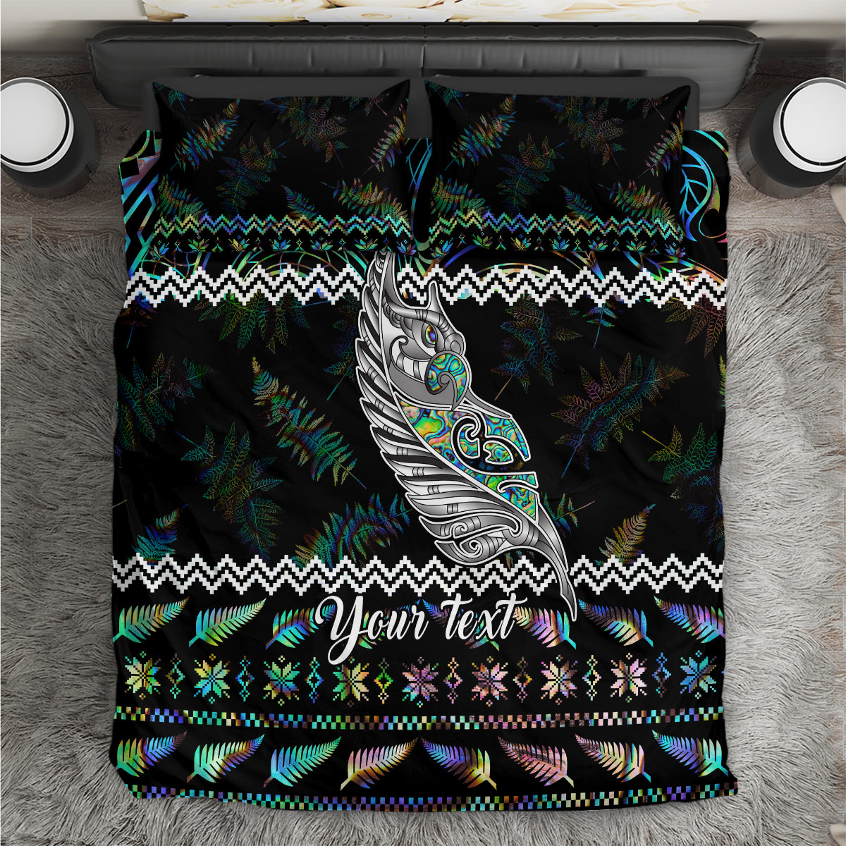 Personalised New Zealand Christmas Bedding Set Maori Fern Manaia Meri Kirihimete with Papaua Shell LT9 Black - Polynesian Pride