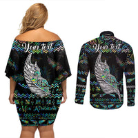 Personalised New Zealand Christmas Couples Matching Off Shoulder Short Dress and Long Sleeve Button Shirt Maori Fern Manaia Meri Kirihimete with Papaua Shell LT9 - Polynesian Pride