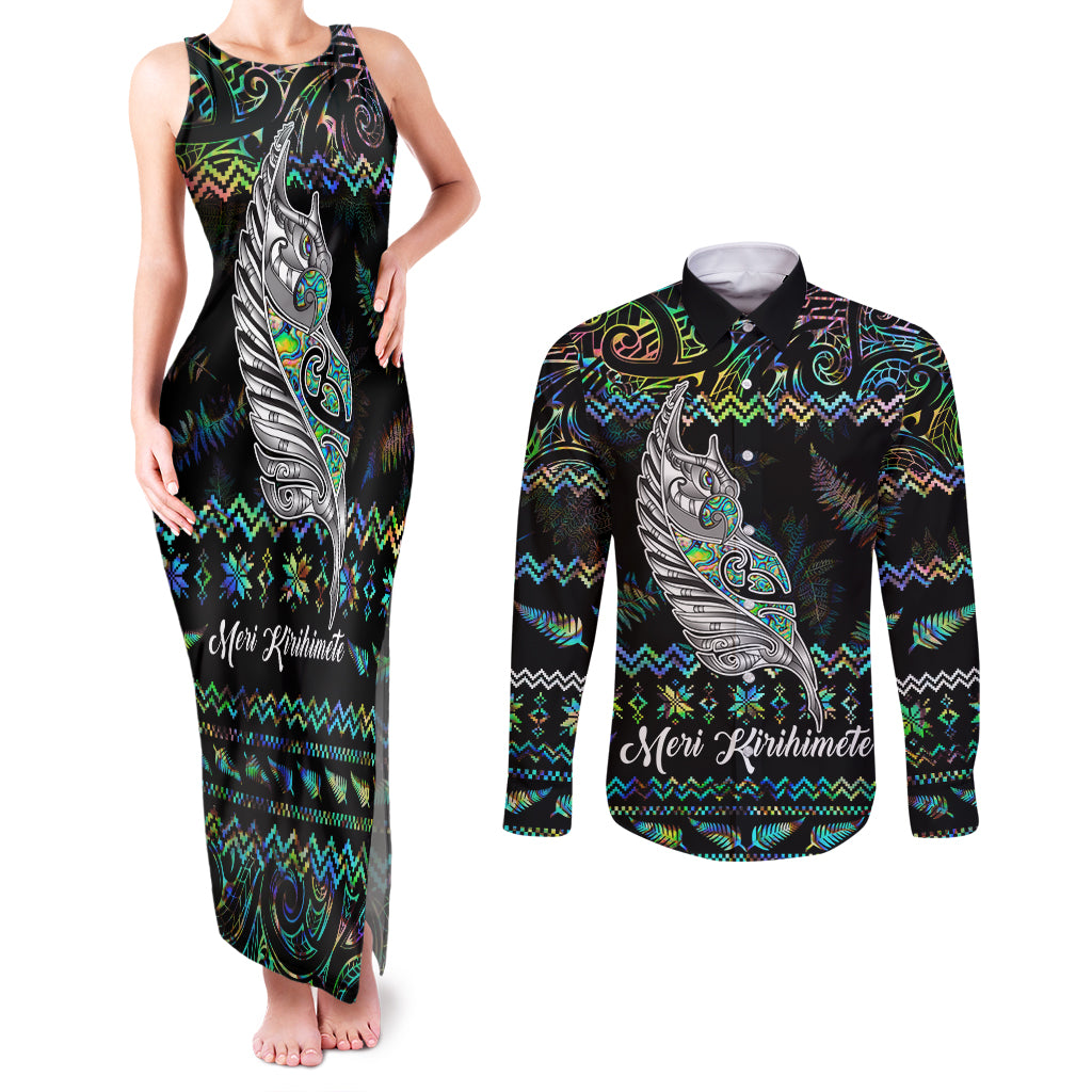 Personalised New Zealand Christmas Couples Matching Tank Maxi Dress and Long Sleeve Button Shirt Maori Fern Manaia Meri Kirihimete with Papaua Shell LT9 Black - Polynesian Pride