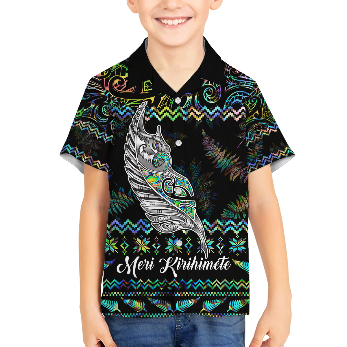 Personalised New Zealand Christmas Family Matching Puletasi Dress and Hawaiian Shirt Maori Fern Manaia Meri Kirihimete with Papaua Shell LT9 Son's Shirt Black - Polynesian Pride
