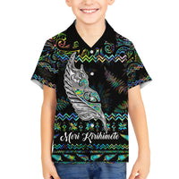 Personalised New Zealand Christmas Family Matching Short Sleeve Bodycon Dress and Hawaiian Shirt Maori Fern Manaia Meri Kirihimete with Papaua Shell LT9 Son's Shirt Black - Polynesian Pride