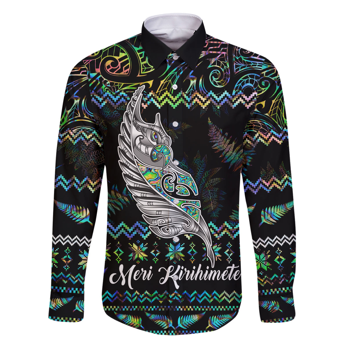 Personalised New Zealand Christmas Family Matching Tank Maxi Dress and Hawaiian Shirt Maori Fern Manaia Meri Kirihimete with Papaua Shell LT9 Dad's Shirt - Long Sleeve Black - Polynesian Pride