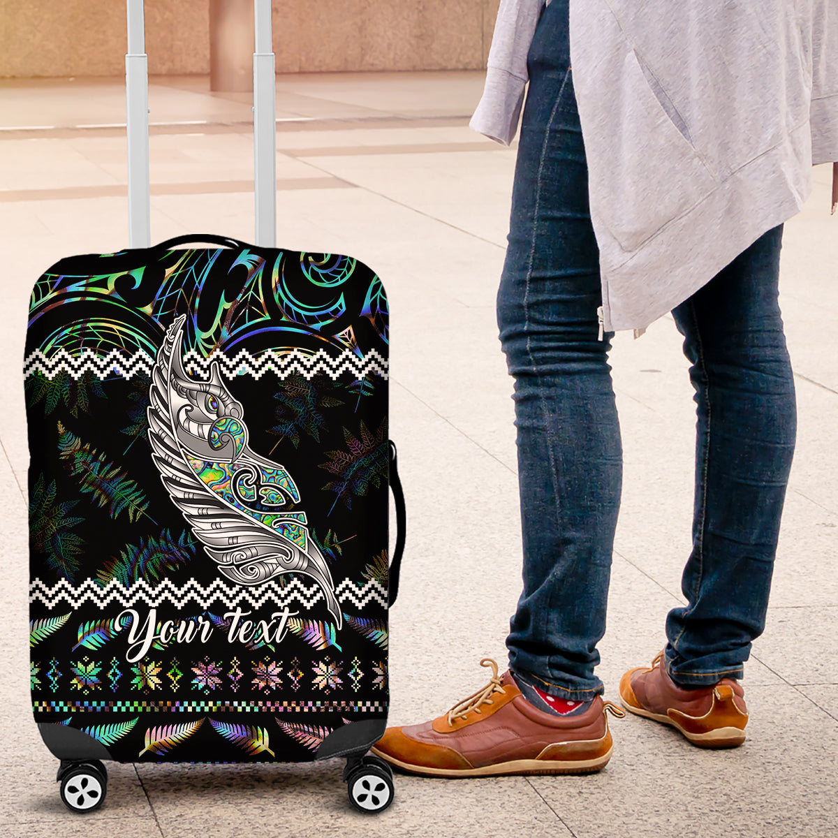 Personalised New Zealand Christmas Luggage Cover Maori Fern Manaia Meri Kirihimete with Papaua Shell LT9 Black - Polynesian Pride