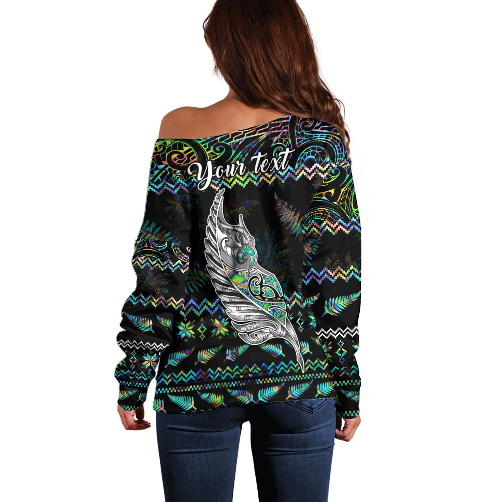 Personalised New Zealand Christmas Off Shoulder Sweater Maori Fern Manaia Meri Kirihimete with Papaua Shell LT9 - Polynesian Pride