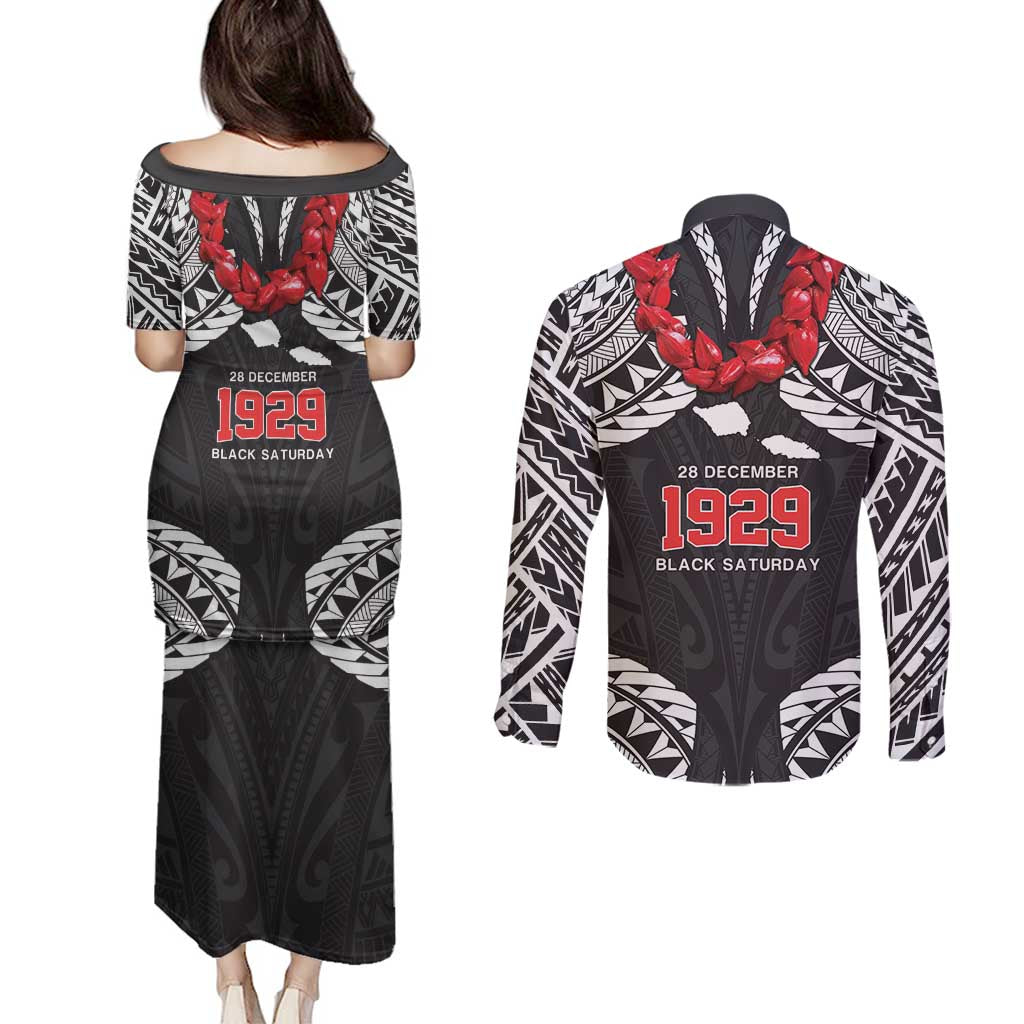 Samoa Black Saturday Couples Matching Puletasi and Long Sleeve Button Shirt Samoa mo Samoa with Black Ula Fala