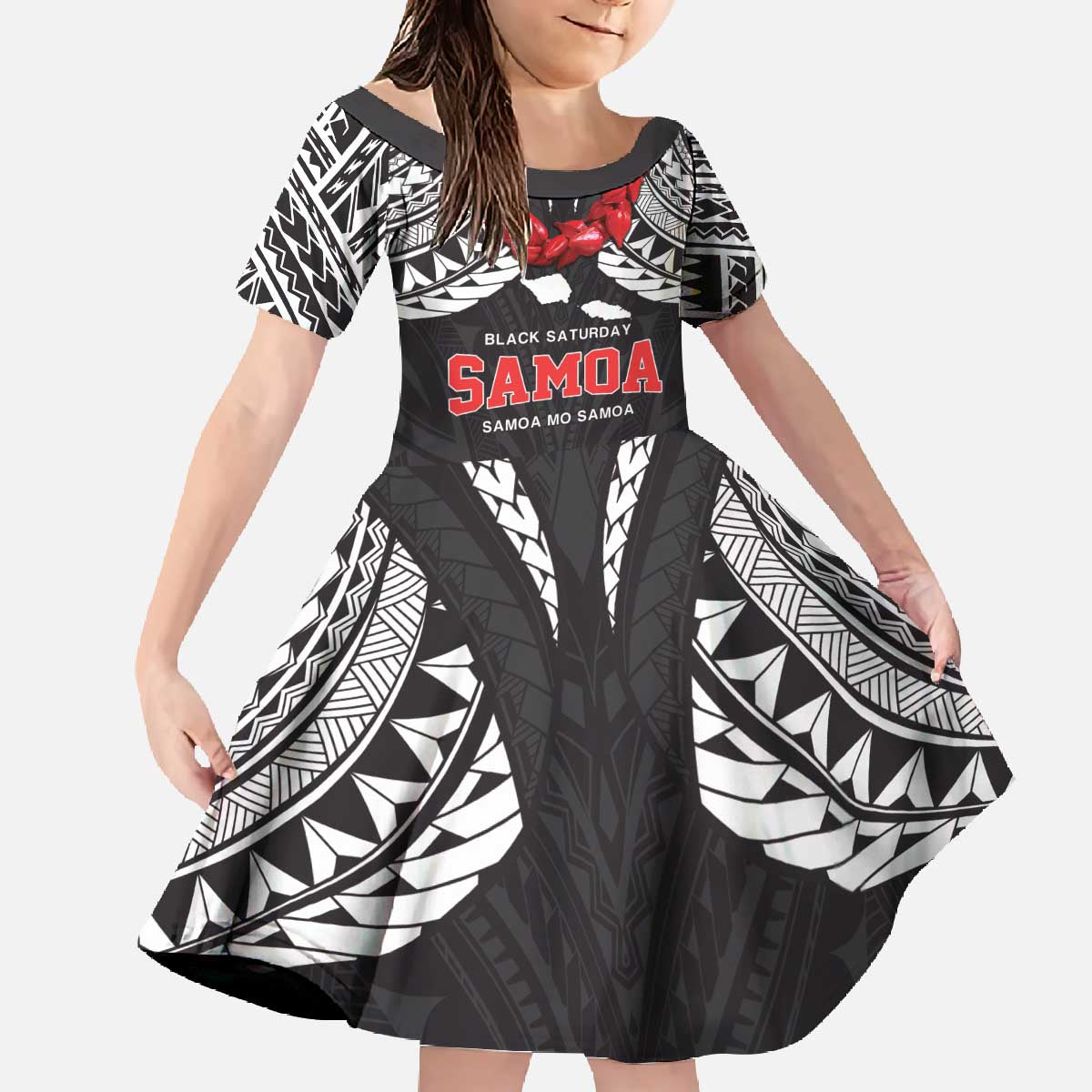 Samoa Black Saturday Family Matching Off The Shoulder Long Sleeve Dress and Hawaiian Shirt Samoa mo Samoa with Black Ula Fala LT9 Daughter's Dress Black - Polynesian Pride