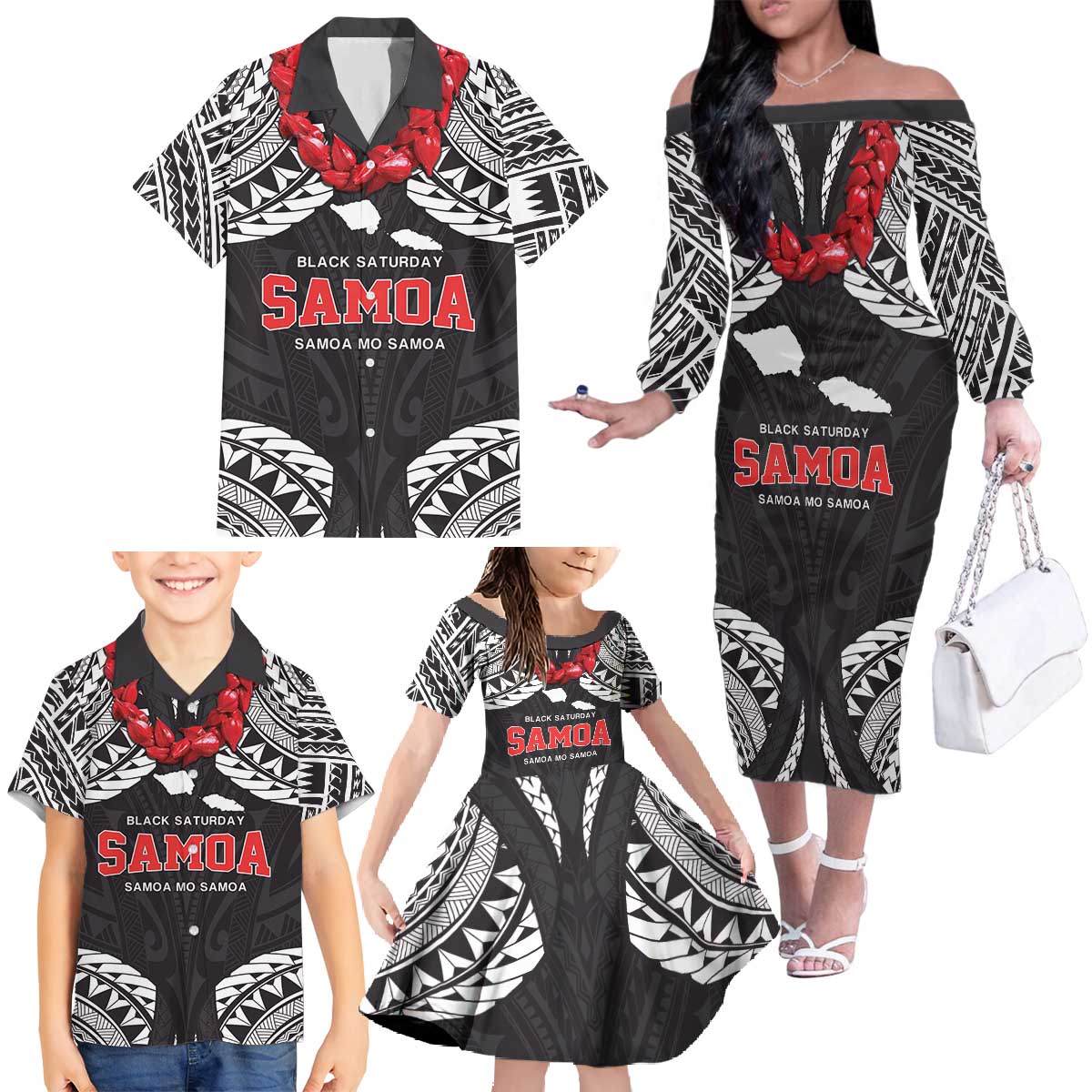 Samoa Black Saturday Family Matching Off The Shoulder Long Sleeve Dress and Hawaiian Shirt Samoa mo Samoa with Black Ula Fala LT9 - Polynesian Pride
