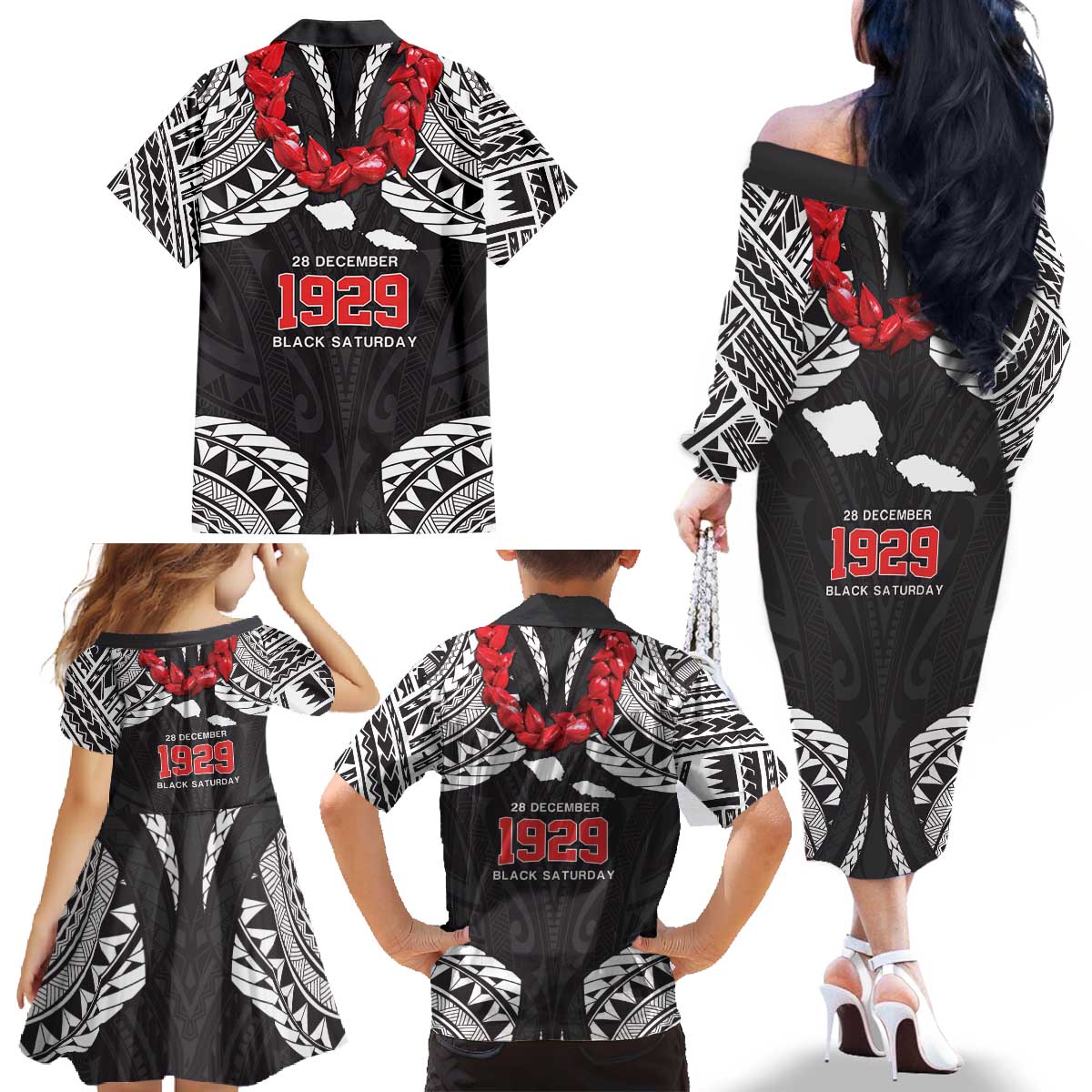 Samoa Black Saturday Family Matching Off The Shoulder Long Sleeve Dress and Hawaiian Shirt Samoa mo Samoa with Black Ula Fala LT9 - Polynesian Pride