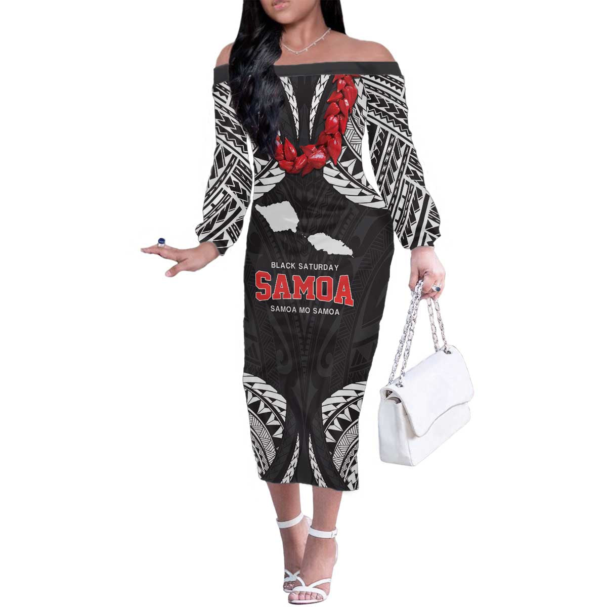 Samoa Black Saturday Family Matching Off The Shoulder Long Sleeve Dress and Hawaiian Shirt Samoa mo Samoa with Black Ula Fala LT9 Mom's Dress Black - Polynesian Pride