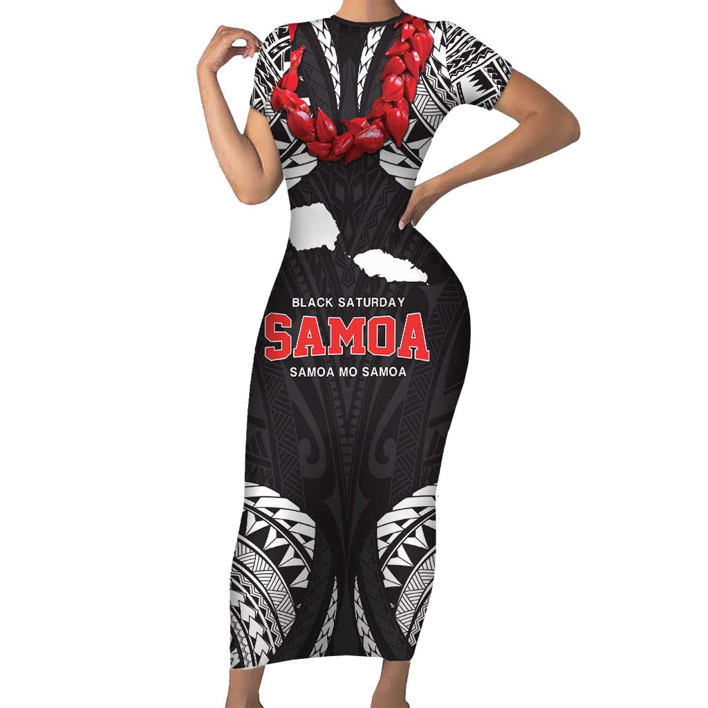 Samoa Black Saturday Family Matching Short Sleeve Bodycon Dress and Hawaiian Shirt Samoa mo Samoa with Black Ula Fala LT9 Mom's Dress Black - Polynesian Pride