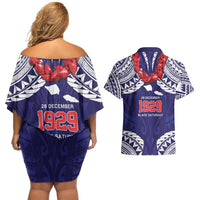 Samoa Black Saturday Couples Matching Off Shoulder Short Dress and Hawaiian Shirt Samoa mo Samoa with Blue Ula Fala